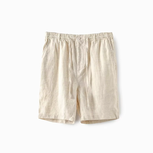 Shorts d'été gris en gaze de coton légers pour hommes, couleur unie, respirants, taille élastique avec cordon de serrage, coupe droite, cinq poches - Product Image 5