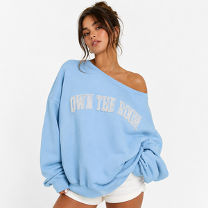 Sweat-shirt brodé personnalisé de haute qualité, effet vieilli, épaules dénudées, coupe oversize, pour femme, en tissu éponge 380 GSM - Product Image 1