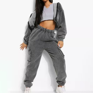 Ensemble de survêtement pour femme, coupe courte, avec fermeture éclair, couleur unie, en coton respirant, pour la gym et le fitness - Product Image 4