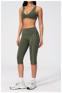 Olive Green 2Piece Yoga Set Racerback <b>Crop</b> <b>Top</b> High Waist Flared Pants Breathable Spandex Polyester Solid Color Contrast Binding - Product Image 5