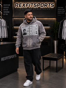 REXFITSPORTS 2026 <b>Men</b>’s Washed <b>Grey</b> Oversized Zip Up Hoodie Custom Photo Graphic Print Premium Cotton <b>Fleece</b> Streetwear Jacket - Product Image 6