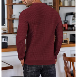 <b>Men's</b> Knitted <b>Long</b> Sleeve Polo Sweater Solid Color Autumn Casual Pullover Full Sleeve Button Closure Maroon - Product Image 3