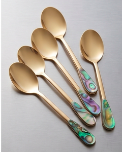 Cuillères à thé plaquées or avec manche en abalone, longue tige, finition miroir, design glamour, ustensiles en métal durables - Product Image 3