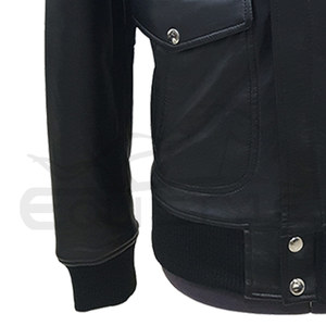 <b>Mens</b> Leather Flight <b>Jacket</b> Black <b>Fur</b> Collar Button Flap Chest Pockets Ribbed Cuffs Customized Waterproof Windproof Winter - Product Image 3