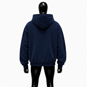 Sweat à capuche oversize bleu marine vieilli avec broderie étoile multicolore, motif léopard ton sur ton, lavage vintage, style streetwear - Product Image 2