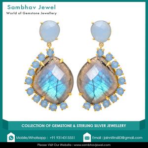 Boucles d'oreilles pendantes de luxe pour femme en argent sterling 925 plaqué or avec pierre précieuse naturelle labradorite, idéales pour un cadeau de mariage classique - Product Image 2