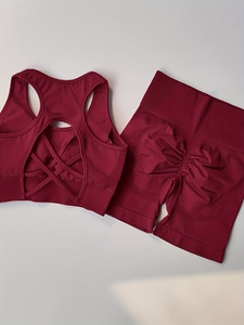 Custom <b>Hot</b> <b>Red</b> Shoulder Cutout Ribbed Crop Top and Biker Shorts Set for Women Gym High Quality Stretchy Knit Fabric - Product Image 5