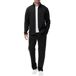 Ensemble de survêtement 2 pièces noir pour homme, veste zippée à col rabattu, manches longues, pantalon de survêtement à cordon de serrage, décontracté - Product Image 1