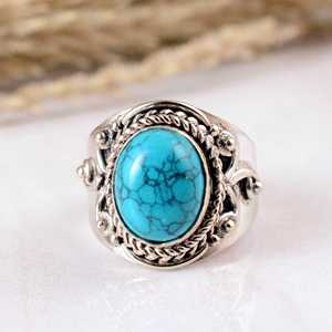 Anillo de Boda de Plata de Ley 925 con Turquesa Azul en Engaste de Bisel, Hecho a Mano, Estilo Antiguo, Vintage, Bohemio, Texturizado y Oxidado - Product Image 1