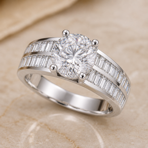 Anillo de Compromiso con Doble Banda Baguette y Diamante Solitario Cultivado en Laboratorio, Oro Blanco de 14 Quilates con Baño de Rodio, Regalo para Fiesta, Propuesta de Matrimonio - Product Image 3