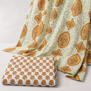 Orange Floral Hand Block Printed Cotton Fabric <b>Set</b> with Mughal Motif Pattern for Dress Material Suit Dupatta <b>Sewing</b> Craft Textil - Product Image 4
