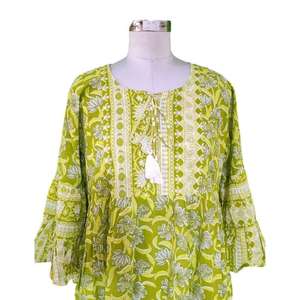 Vestido largo de algodón con estampado floral para mujer, corte relajado, manga 3/4, estilo bohemio, vestido de algodón con estampado a mano, cuello redondo, vestido informal - Product Image 4