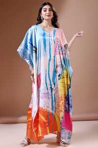 New2026 Women's V Neck Silk <b>Kaftan</b> Dress With Random Print Bohemia Style Loose Fit Maxi Length <b>Summer</b> Daily Wear India Ethnic - Product Image 4