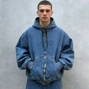 Sweat-shirts à capuche bleus surdimensionnés pour hommes, zippés, effet vieilli, avec poche avant embossée, étiquette personnalisée, style streetwear décontracté - Product Image 2