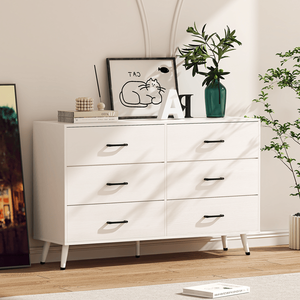 Comò bianco a 3 strati e 6 cassetti, a doppia fila, con gambe alte, rivestito in tessuto non tessuto, in truciolato, 133x40x84 cm - Product Image 4