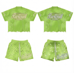 Ensemble T-shirt et short pour homme Brand Studios, style streetwear délavé à l'acide, imprimé numérique, col rond, tenue d'été, marron noir - Product Image 3