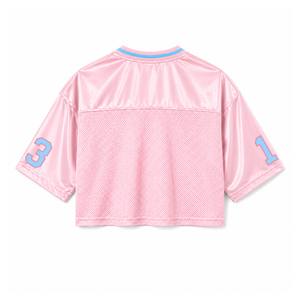 Camiseta personalizada de la hermandad Gamma Phi Delta con cuello en V, color sólido, manga corta, azul cielo y rosa, estilo casual para mujer, de malla de poliéster. - Product Image 3
