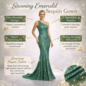 Robe de soirée élégante vert émeraude à une épaule ornée de paillettes |   Robe de soirée sirène de luxe pour mariage, fête et look de tapis rouge - Product Image 6