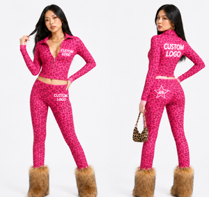 Custom Logo Leopard Print 2 Piece <b>Set</b> Women's <b>Sexy</b> Crop Top Joggers Full Sleeve Knitted Spandex Sportswear All Seasons - Product Image 2