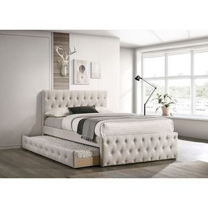 Letto singolo contemporaneo imbottito in tela marrone chiaro con letto estraibile, doghe e testiera e pediera trapuntate, mobili per camera da letto per ragazzi - Product Image 1