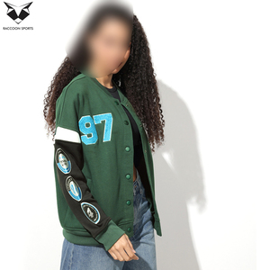 Green Varsity <b>Jacket</b> Full Sleeve Button Up Collar Patch Designs Regular Fit Women's Autumn Wear Solid Color Letter <b>Pattern</b> - Product Image 2