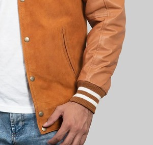 Custom Luxury Brown <b>Suede</b> Varsity <b>Jackets</b> With Leather Sleeve Letterman Embroidered Logo Front Casual Autumn Wear - Product Image 3