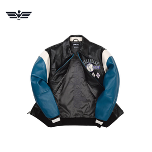   Veste universitaire pour homme en cuir véritable noir, bleu et blanc avec patch brodé, col montant, fermeture éclair, style preppy - Product Image 4