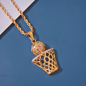Collar con colgante de baloncesto chapado en oro amarillo macizo sobre plata, con incrustaciones, estilo hip hop, joyería deportiva con cuerda y red de baloncesto - Product Image 1