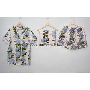 Ensemble de pyjama Kangura en coton indien fait main, imprimé à la main, style vintage, vêtements de nuit courts pour femmes, pour l'automne - Product Image 1