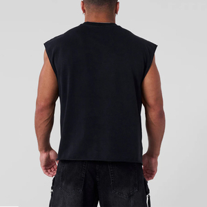 220GSM Cotton <b>Men's</b> Custom Subtle Acid Wash <b>Cropped</b> Tank <b>Top</b> Raw Bottom Hem Sleeveless Tees - Product Image 6