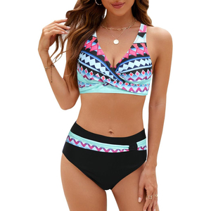Women Geometric Print <b>Bikini</b> <b>Set</b> <b>Push</b>-<b>Up</b> Top High Waist Bottom Swimwear Twisted Halter Design Spandex Polyester - Product Image 1