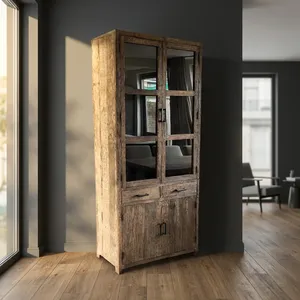 Vintage <b>Reclaimed</b> <b>Timber</b> Glass Door Cabinet With Drawers Rustic Display Bookcase Storage Cabinet Furniture For Living Room - Product Image 3