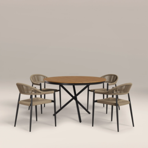 Modern Minimalist Outdoor <b>Dining</b> Set with <b>Round</b> Wood <b>Table</b> and Four <b>Dining</b> Chairs for Restaurant Use - Product Image 1