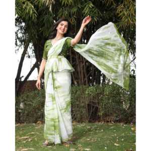 ผ้าส่าหรีผ้าฝ้ายจากผู้ส่งออกอินเดีย พร้อมลายพิมพ์มิเรอร์ไทดายสีเขียว สำหรับงานพิธีการและงานเฉลิมฉลอง - Product Image 4