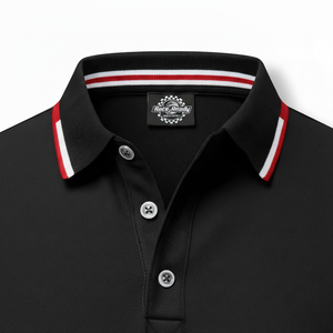 Camisa Negra Premium para Hombre con Cuello a Rayas en Contraste, Logotipo Personalizado, Tejido Ecológico, Deportiva, de Golf, Alta Calidad y Transpirable - Product Image 5