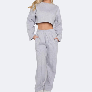 Custom 2-Piece Set for Women Casual Solid Cropped Hoodie and Sweatpants Full Length Winter Tracksuit 100% Cotton 2026 - Product Image 3