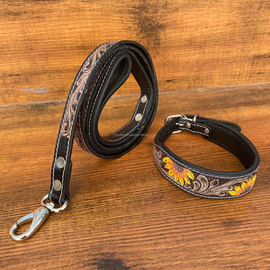 Handcrafted Tooled Leather Dog <b>Leash</b> & Sunflower Tooled Leather Dog Collar Set Western Style Durable Pet Lead Custom Dog <b>Leash</b> - Product Image 2