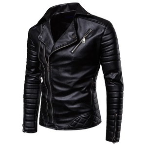 Men Fashionable Cotton-<b>Padded</b> Motorcycle Genuine Leather Jacket <b>Coat</b> Windproof Casual Style Different Zips Pockets - Product Image 3