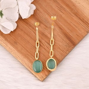 Handmade Gold Plated Green <b>Cat's</b> Eye Gemstone Brass <b>Earrings</b> Trendy Fashion Statement Jewelry for Women - Product Image 5