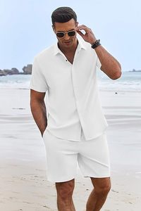 Tenues de plage d'été pour hommes, ensembles de chemises à manches courtes et shorts en lin texturé pour les vacances - Product Image 3