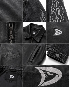 Men's Black PU Leather <b>Biker</b> <b>Jacket</b> With Embossed Flame Design And Zipper Closure - Product Image 5
