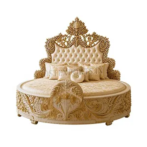 Grand Palace Style Golden Carved Wooden <b>Bed</b> Luxury Crown Round Wooden <b>Bed</b> for <b>Princess</b> Room Maharaja White Queen Size <b>Bed</b> Set UK - Product Image 2