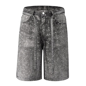 High Street Vintage Mid Waist Cropped <b>Jeans</b> Full Diamond Casual Straight Loose Style Jorts Summer Denim Shorts Men Women - Product Image 4
