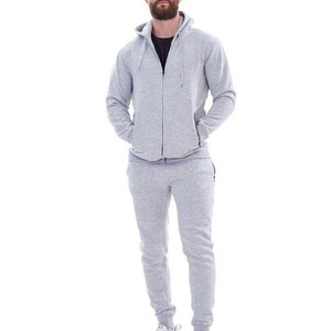 Men's Gray Hooded Zipper Tracksuit 100% Cotton Full Sleeve Solid Color Casual Sweatshirt Pants Set Breathable Midweight OEM ODM - Product Image 1