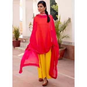 Robe Kesariya Gulab jaune vif avec dupatta en Gota, respirante, taille XS, élément de mode couleur contrastée, taille naturelle, coupe trapèze, pour le quotidien - Product Image 4