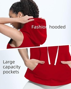 Camiseta sin Mangas con Capucha Roja para Mujer, con Bolsillos, Antiarrugas, Transpirable, Tejida, de Color Sólido, Estilo Casual, Ropa de Calle, para Verano - Product Image 2