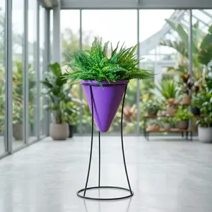 Pot de fleurs moderne en métal violet avec support en fer noir, pot décoratif haut pour plantes, support de pot de fleurs contemporain pour l'intérieur et l'extérieur, jardin - Product Image 5