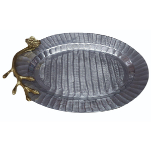 Handcrafted Aluminum <b>Serving</b> <b>Tray</b> With Decorative <b>Gold</b> Branch Flower Handle Modern Oval Hammered Metal Platter For Home Decor - Product Image 1