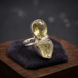 Anillo de Plata de Ley 925 con Cuarzo Limón, Hecho a Mano, con Doble Piedra, Gema Natural, Joyería Boho Elegante, Venta al Por Mayor - Product Image 2