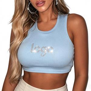 Custom Wholesale Women Ribbed <b>Rhinestone</b> Crop <b>Top</b> Crew Neck Sleeveless Tank <b>Top</b> Summer Casual Slim Fit Sexy Streetwear <b>Tops</b> Fits - Product Image 2